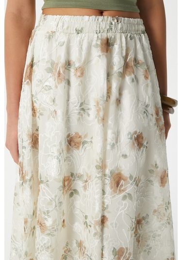 Kadın Rosary Astarlı Bel Lastikli Çiçek Desenli Etek Krem