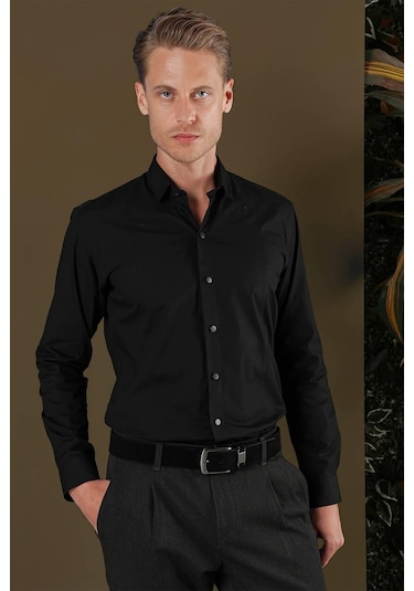 Gk 700 Slim Fit Siyah Klasik Gömlek Siyah