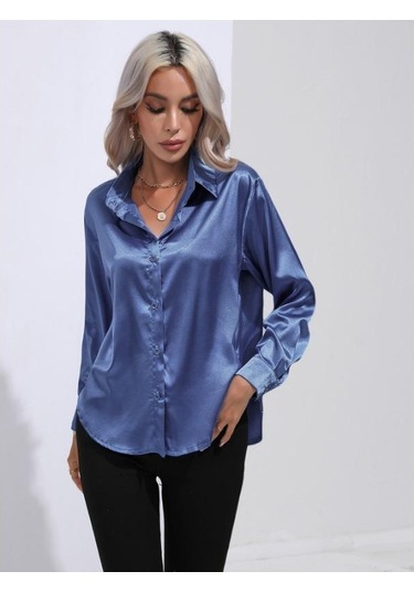 Mavi İlkbahar Ve Sonbahar Kadın Gömlek Saten Gömlek Mizaç Banliyö Uzun Kollu Üst Mavi