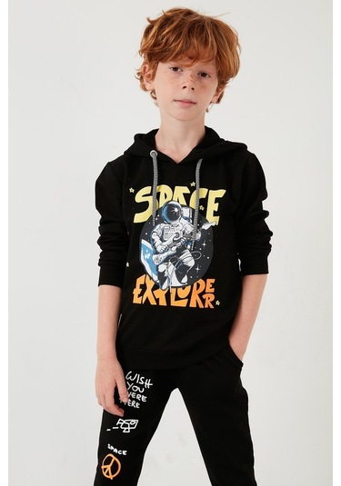 Lela Baskılı Kapüşonlu Cepli % 100 Pamuk Çocuk Unisex Çocuk Takım 5922017 Siyah