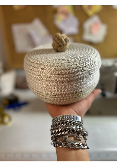 Hasır Sepet, Kapaklı Dekoratif Sepet, Çok Amaçlı Kutu, Ekru Şekerlik Sepeti