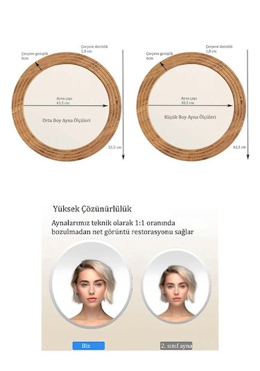 Antik 2 Li Dekoratif Ayna Seti Yuvarlak Banyo Duvar Aynası 56-43 Açık Kahverengi