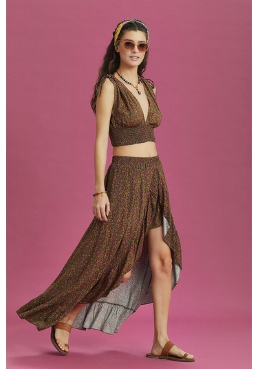 Derin Ön Yırtmaçlı Fırfırlı Çiçekli Çingene Etek 001