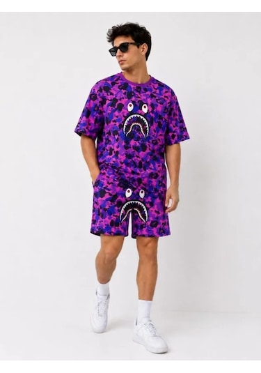 Efnaz Style Erkek Oversize Kalıp Pubg Bape X Shark Nakışlı Cepli Şort Takım - Mor