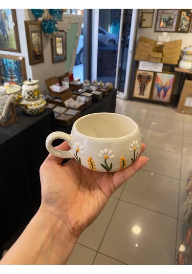 Seramik El Yapımı Fincan Takımı 2'li Set Dal Papatya Desenli Beyaz - Sarı