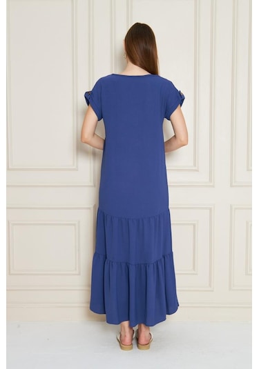 Kadın Uzun Eteği Fırfırlı Kısa Kol Apolet Detaylı Salaş Günlük Rahat Elbise 3761366 İndigo