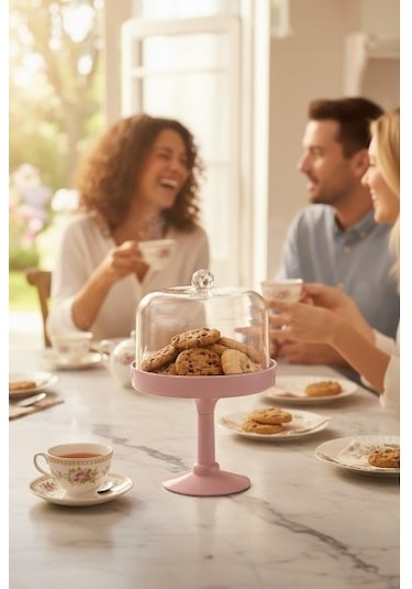 Soft Pembe Akrilik Ayaklı Kurabiyelik & Kapaklı Sunum Standı - 2 Parça