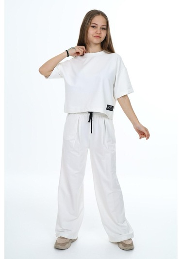 Kız Çocuk %100 Pamuk Oversize Yarım Kol Alt-üst Eşofman Takım-eşt-0012 Beyaz