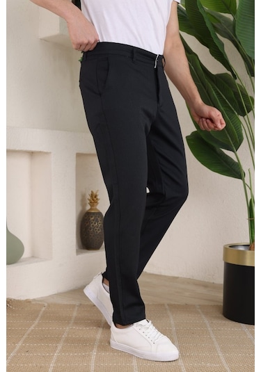 Erkek Casual Slim Fit Cord Desenli Kumaş Pantolon Siyah