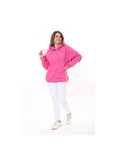 Kadın Büyük Beden Bebe Mavisi İçi Şardonlu 3 İplik Kumaş Kapşonlu Sweatshirt 65n37575-pembe Pembe