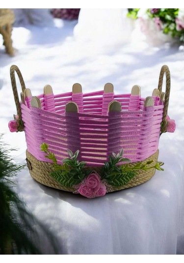 Makyaj Organizer Hasır Sepet Takı Kutusu Komidin Üstü Çok Amaçlı El Yapımı Pembe