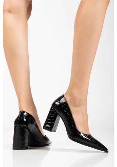 Suins Premium Kevin Model Kadın Kalın Topuklu Kroko Stiletto Ayakkabı Siyah