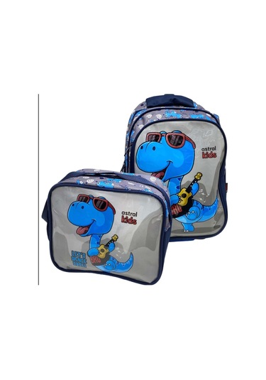 2 Gözlü Dinozor İlkokul Çantası Takımı Beslenme Çantalı Çok Renkli