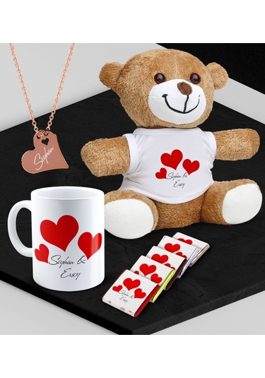 Kişiye Özel Sevgili Peluş Ayı Kupa Madlen Çikolata Ve Rose Kalp Kolye Set - 90