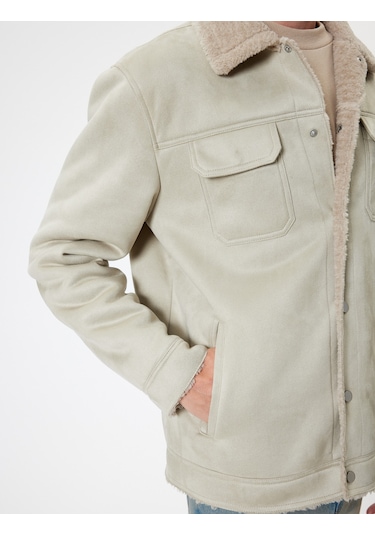 Koton Süet Görünümlü Ceket Slim Fit Peluş Detaylı Gömlek Yaka Bej 5wam20075hw Ekru
