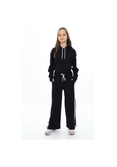 Kız Çocuk %100 Pamuk Kapüşonlu Uzun Kol Oversize Alt&üst Eşofman Takımı-eşt-0020 Siyah