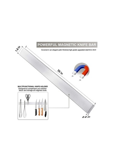 Pazly 20 İnç Paslanmaz Çelik Manyetik Bıçak Şeridi, Duvara Monte Mutfak Bıçakları Barı Gümüş