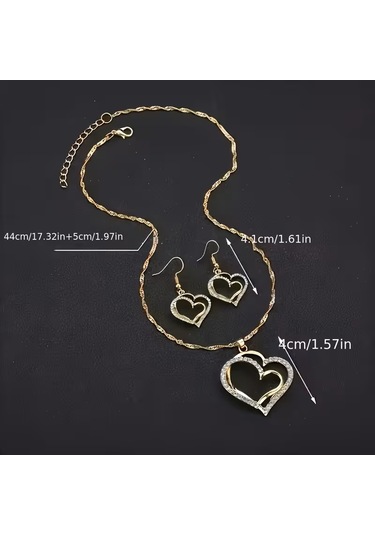 Moda My Love 2li Kalp Bileklik, Kolye, Küpe Set, Sevgililer Günü Altın