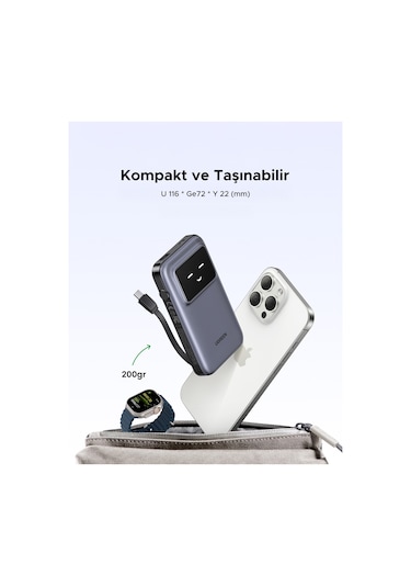 Ugreen Uno Dahili Kablolu 10.000 Mah 30w Hızlı Şarj Powerbank, Siyah, 35603b Gri