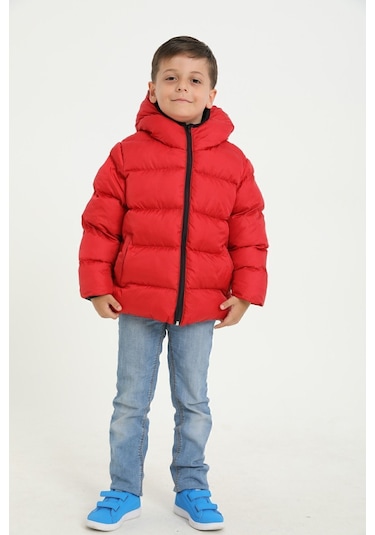 Freemen Erkek Çocuk Kırmızı Polarlı Kapüşonlu Su Geçirmez Rüzgara Dayanıklı Şişme Kışlık Mont Kırmızı