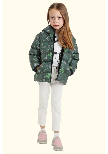 Kız Çocuk Pusula Desen Polar Su Ve Rüzgar Geçirmez Kapüşonlu Şişme Kışlık Mont Yeşil