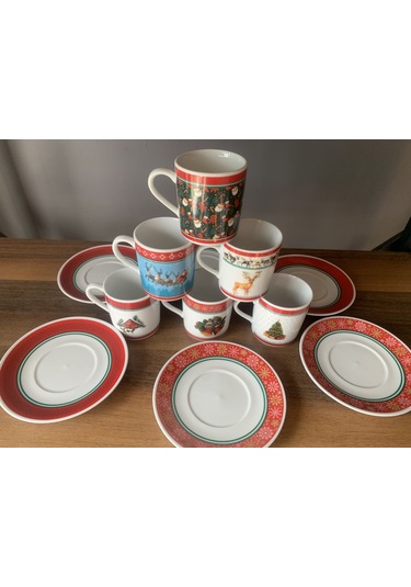 Yeni Yıl-noel Karışık Model 12 Parça 6 Kişilik Porselen Türk Kahvesi Fincan Takımı Çok Renkli