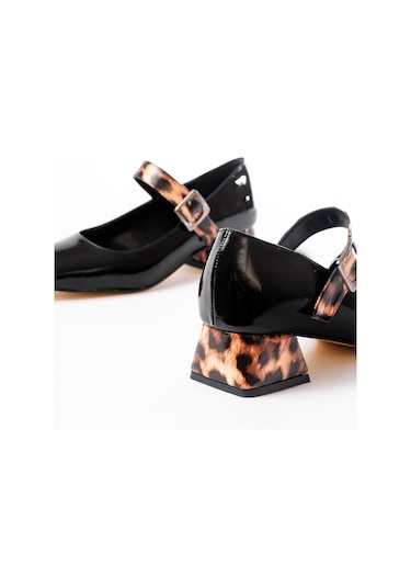 St-006 Siyah Leopar Rugan Günlük 4 Cm Topuklu Bayan Ayakkabı Renksiz