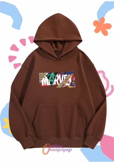 Çocuk Unisex Marvel Baskılı Oversize Kapüşönlü Sweatshirt Kahverengi