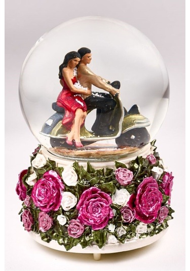 Kar Küresi Renkli Güller Büyük 100 Mm El Boyaması,müzikli Kendinden Üflemeli, Vespalı Sevgili Çift