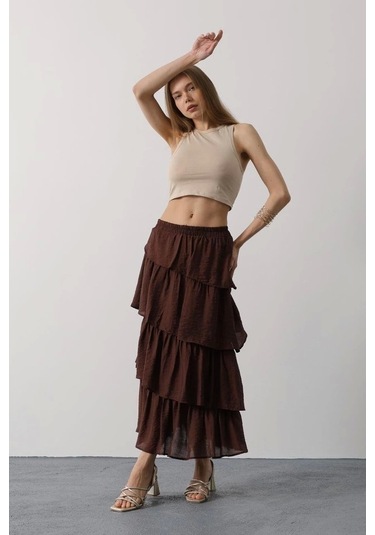 Katlı Kesim Uzun Etek - Kahve Kahve