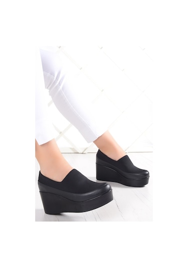 Erkan Saçmacı Carla Siyah Hakiki Deri Ön Yüz Streç Dolgu Topuklu Günlük Ayakkabı Siyah