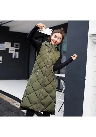 Kapitone Uzun Kadın Yelek Yeşil