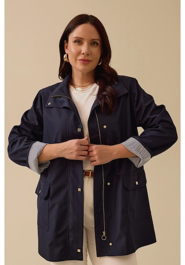 Kadın Büyük Beden Şerit Astarlı Cepli Trençkot - Lacivert Lacivert