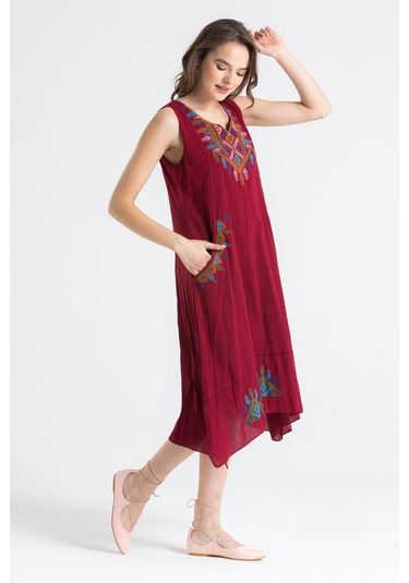 Kolsuz Şile Bezi Antik Nakışlı Midi Boy Elbise Bordo Brd-bordo Bordo