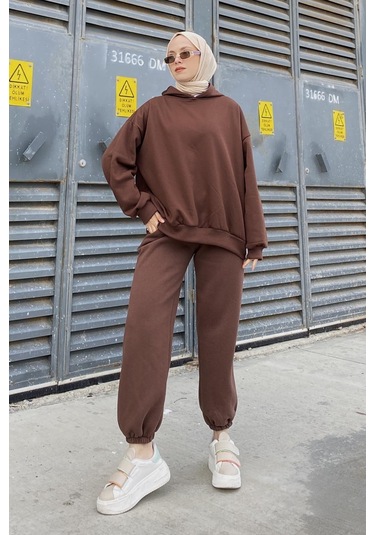 Kapüşonlu Salaş Sweatshirt Acı Kahve