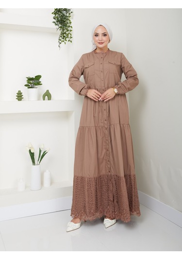 Dantelli Doğal Kumaşlı Boydan Düğmeli Kot Elbise Vizon