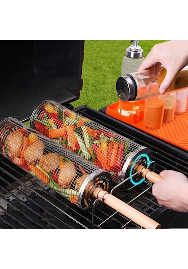 Sones Ahşap Saplı Küçük Paslanmaz Çelik Tekerlekli Izgara Sepeti Flip-top Kapaklı Barbekü Kafesi