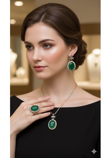 Otantik Zirkon Yeşil Taşlı Oval Set Bronz