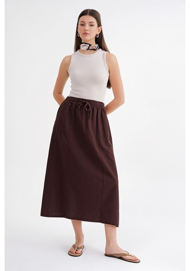 4633 Kadın Yandan Cepli Parçalı Etek Kahve Kahve