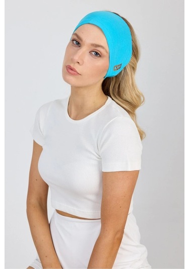Beyaz Kısa Kol Bisiklet Yaka Vücuda Oturan Kaşkorse Crop + Bandana Set %100 Pamumklu, Esnek Rahat Aqua