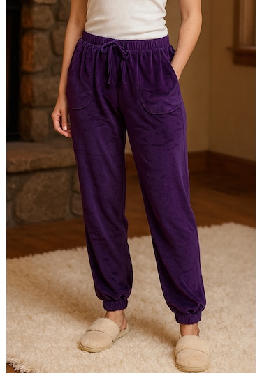 Kadın Kadife Paçası Lastikli Cep Detaylı Tek Alt 503 Mor Mor