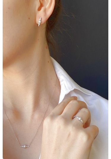 Çıtır Doğal İncili 0,45 Karat Pırlanta Küpe Kolye Yüzük Üçlü Set 10 / Sarı Gümüş