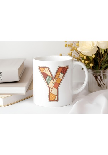 Y Harfi Sonbahar Kış Temalı Yamalı Tasarım Kupa Bardak - Etnik Ve Pathwork Severlere Özel Hediye Beyaz
