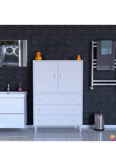 Modilayn İlkim 80 X 138 X 32,5 Cm' Lik Kapak İçi Çift Raflı Ve 3 Çekmeceli Düzen Harikası Dolap Beyaz