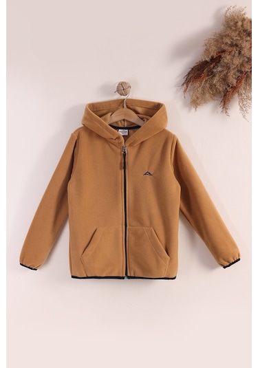 Monox Lastik Manşetli Fermuarlı Kapüşonlu Çocuk Unisex Polar Ceket Camel