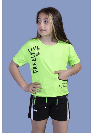 Toontoy Kız Çocuk Cep Detaylı Baskılı Şortlu Takım Neon Yeşil