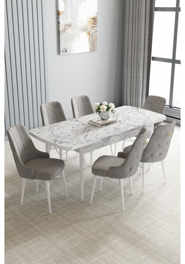 Jusie Beyaz Mermer Desen 80x132 Açılabilir Yemek Odası Takımı 6 Adet Sandalye Gri