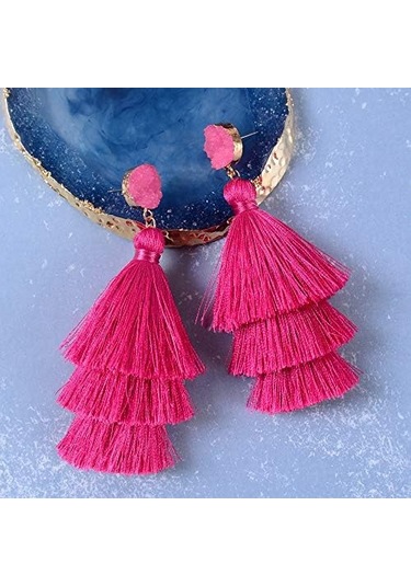 Gül Katmanlı Püskül Küpeler, Bohem Sarkan Damla Küpeler, Han Pembe