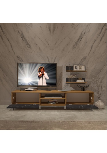 Decoraktiv Eko 4 Mdf Dvd Krom Ayaklı Tv Ünitesi Tv Sehpası Pera - Siyah Mermer