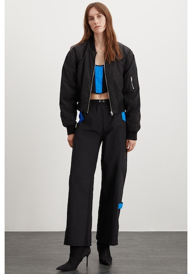 Grımelange Jeanette Kadın Beli Lastikli Stoper Detaylı Su Geçirmez Paraşüt Kumaş Siyah Pantolon Siyah